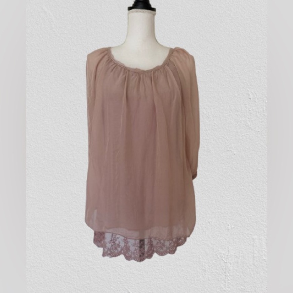 Giulia Woman’s Brown/Beige Silk Blouse Flowy Poncho Style Italy Western, Sz L